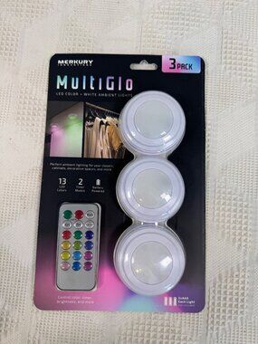 Merkury MultiGlo 3 Pack LED Puck Lights Remote Control 13 Color 2 Timer Mode NIB